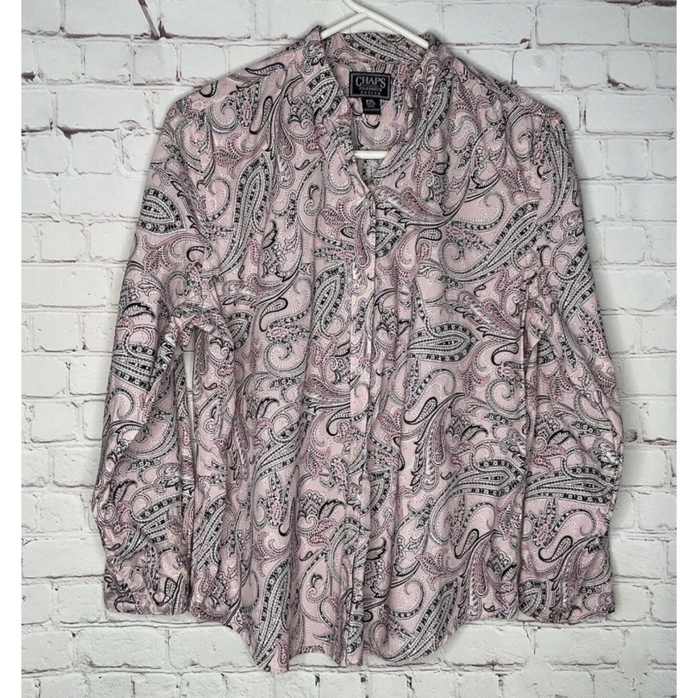 Talbots Women Size XLP Button Down Shirt Teal Blue Paisley Floral Long Sleeve
